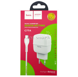 .СЗУ microUSB Hoco C77A 2.4A-2USB 2в1 біле 1м