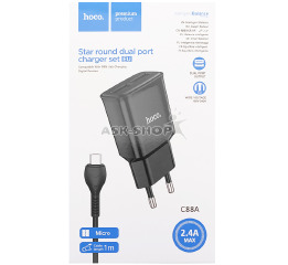 .СЗУ microUSB Hoco C88A 2.4A-2USB 2в1 черное 1м
