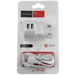 .СЗУ Type-C Koni KS73T 2.4А-2USB 2в1 белое