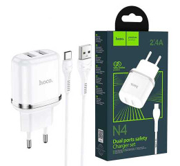 .СЗУ Type-C Hoco N4 2.4A-2USB 2в1 белое 1м