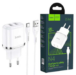 .СЗУ Type-C Hoco N4 2.4A-2USB 2в1 белое 1м