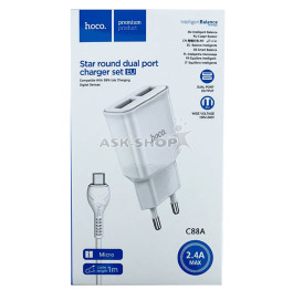 .СЗУ microUSB Hoco C88A 2.4A-2USB 2в1 белое 1м (12)