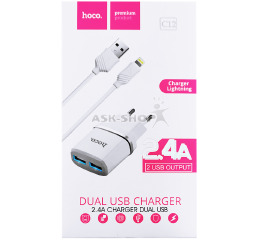 МЗП iPhone Hoco C12 2.4A-2USB 2в1 біл