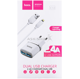МЗП iPhone Hoco C12 2.4A-2USB 2в1 біл