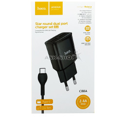 .СЗУ Type-C Hoco C88A 2.4A-2USB 2в1 чор 1м (12)