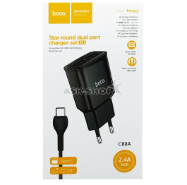 .СЗУ Type-C Hoco C88A 2.4A-2USB 2в1 чор 1м (12)