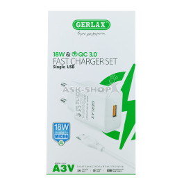 МЗП microUSB Gerlax A3V 3A/1USB/18W/QC3.0 1м біл