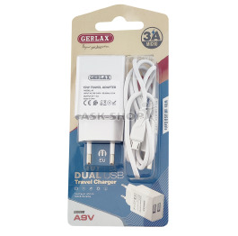 МЗП microUSB Gerlax A9V 3A/2USB/15W 1м біл