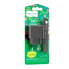 МЗП Type-C (PD+USB) Hoco CS14A 3A/1USB/QC3.0/PD20W чор